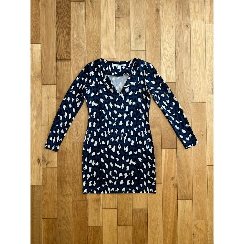 Diane Von Furstenburg Reina Silk Long Sleeve Animal Print Blue Mini Dress Size 2